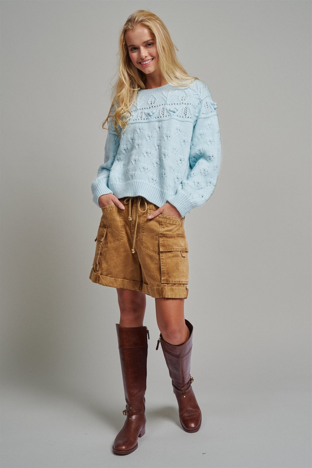Pointelle Bobble Knit Sweater in Pastel Blue - Women's Sweaters | Urban Daizy