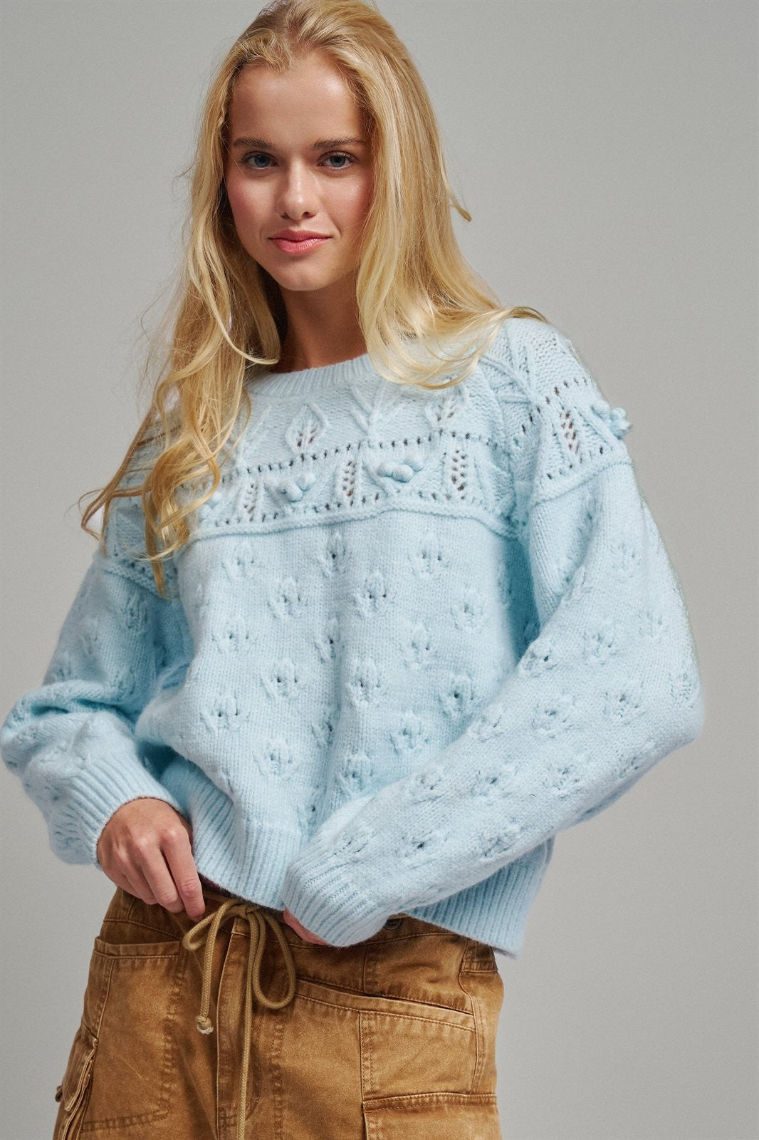 Pointelle Bobble Knit Sweater in Pastel Blue - Women's Sweaters | Urban Daizy
