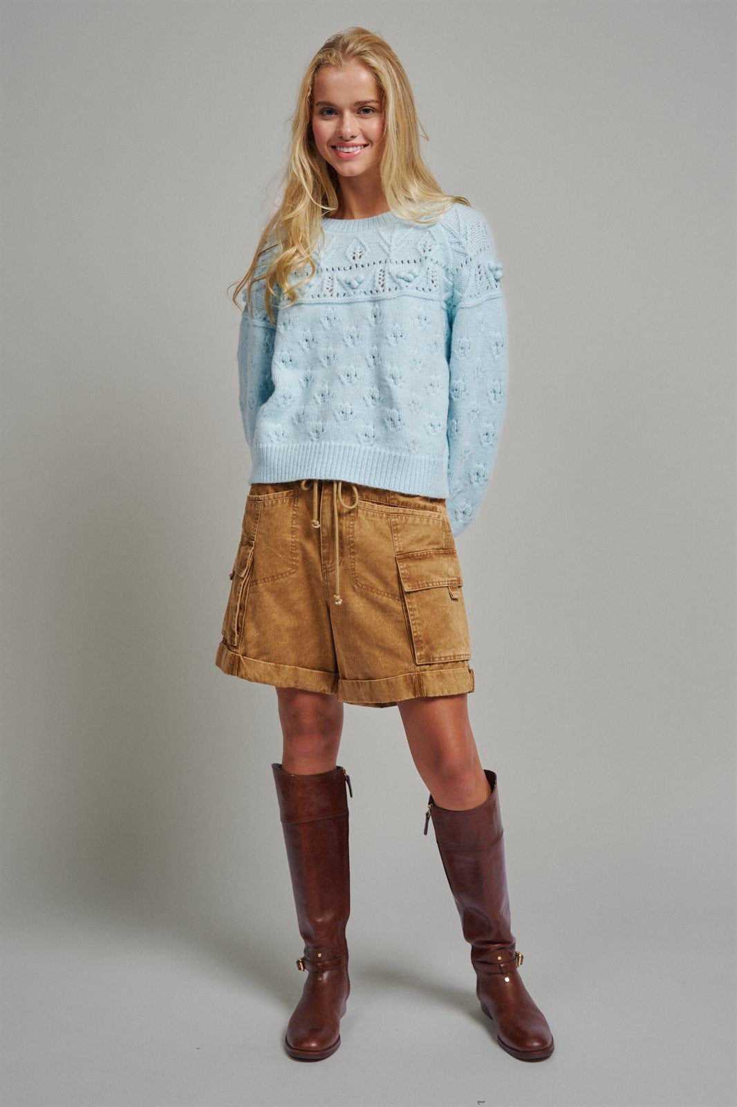 Pointelle Bobble Knit Sweater in Pastel Blue - Women's Sweaters | Urban Daizy