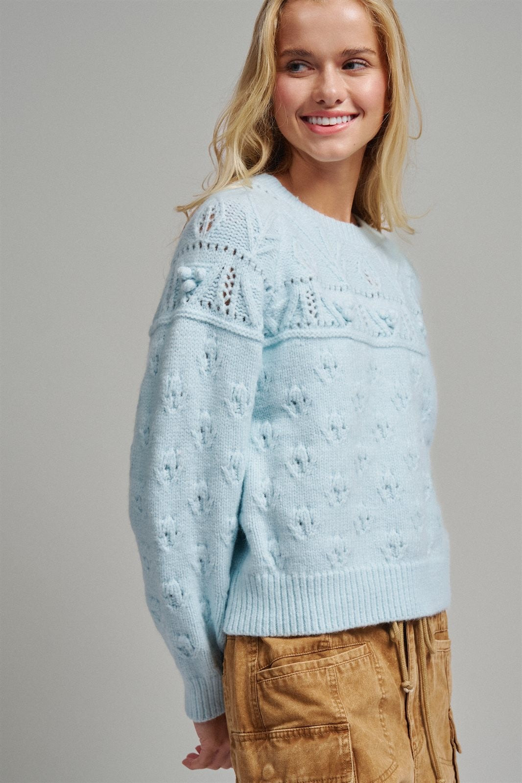 Pointelle Bobble Knit Sweater in Pastel Blue - Women's Sweaters | Urban Daizy