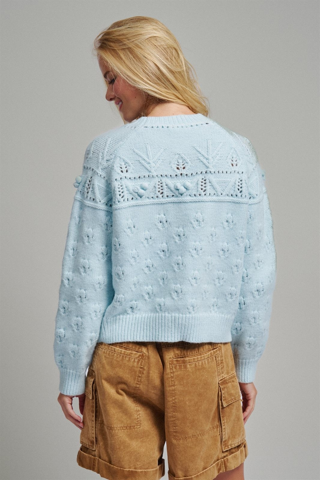 Pointelle Bobble Knit Sweater in Pastel Blue - Women's Sweaters | Urban Daizy