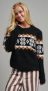 Fair Isle Snowflake Crew Neck Knit Sweater in Black - Women's Sweaters | Urban Daizy