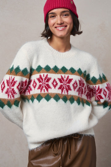 Fair Isle Snowflake Knit Crewneck Sweater