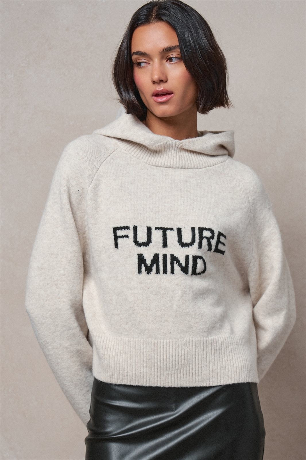 Future Mind Intarsia Knit Hoodie Sweater in Natural - Women's Sweaters | Urban Daizy