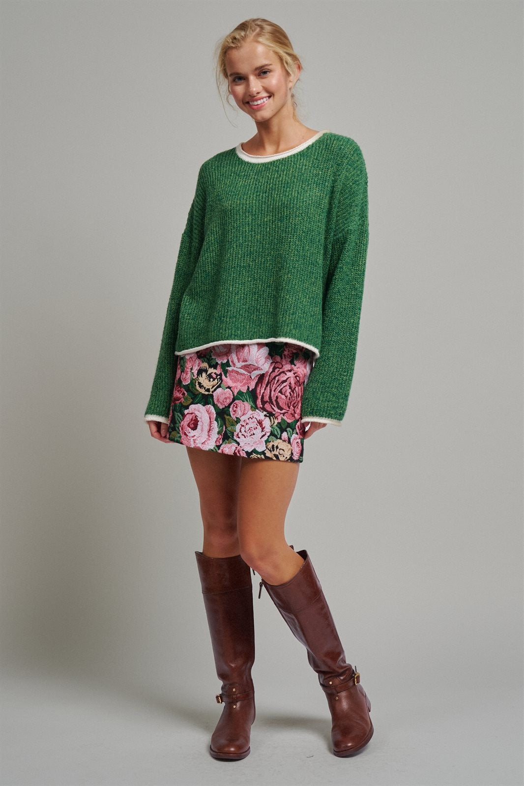 Contrast Trim Boho Knit Pullover Sweater in Green - Women's Sweaters | Urban Daizy