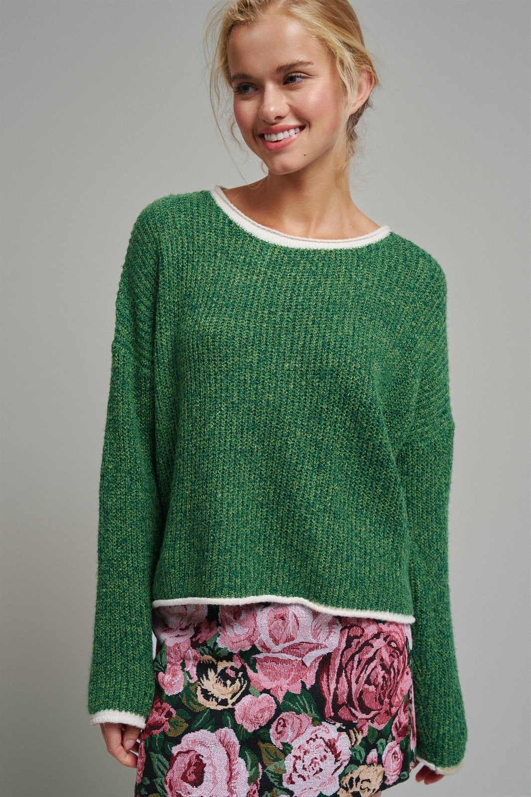 Contrast Trim Boho Knit Pullover Sweater in Green - Women's Sweaters | Urban Daizy