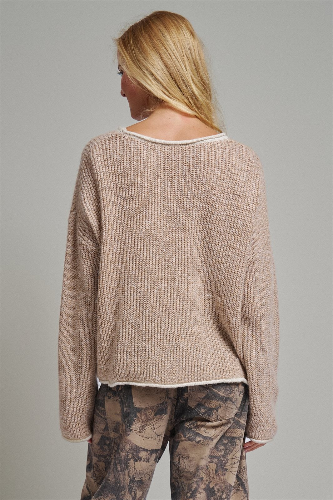 Contrast Trim Boho Knit Pullover Sweater in Khaki - Women's Sweaters | Urban Daizy