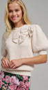 Ribbed Knit Sweater with Bow & Puff Sleeves in Ivory - Women's Sweaters | Urban Daizy