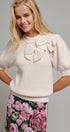 Ribbed Knit Sweater with Bow & Puff Sleeves in Ivory - Women's Sweaters | Urban Daizy