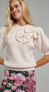 Ribbed Knit Sweater with Bow & Puff Sleeves in Ivory - Women's Sweaters | Urban Daizy