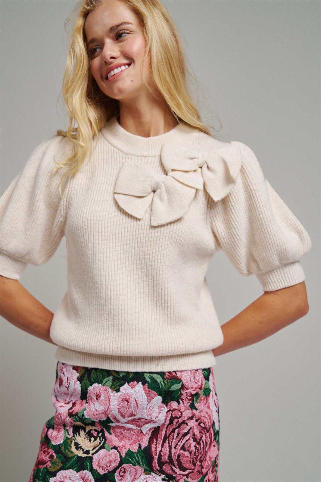 Ribbed Knit Sweater with Bow & Puff Sleeves in Ivory - Women's Sweaters | Urban Daizy