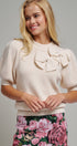 Ribbed Knit Sweater with Bow & Puff Sleeves in Ivory - Women's Sweaters | Urban Daizy