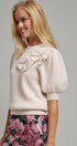 Ribbed Knit Sweater with Bow & Puff Sleeves in Ivory - Women's Sweaters | Urban Daizy