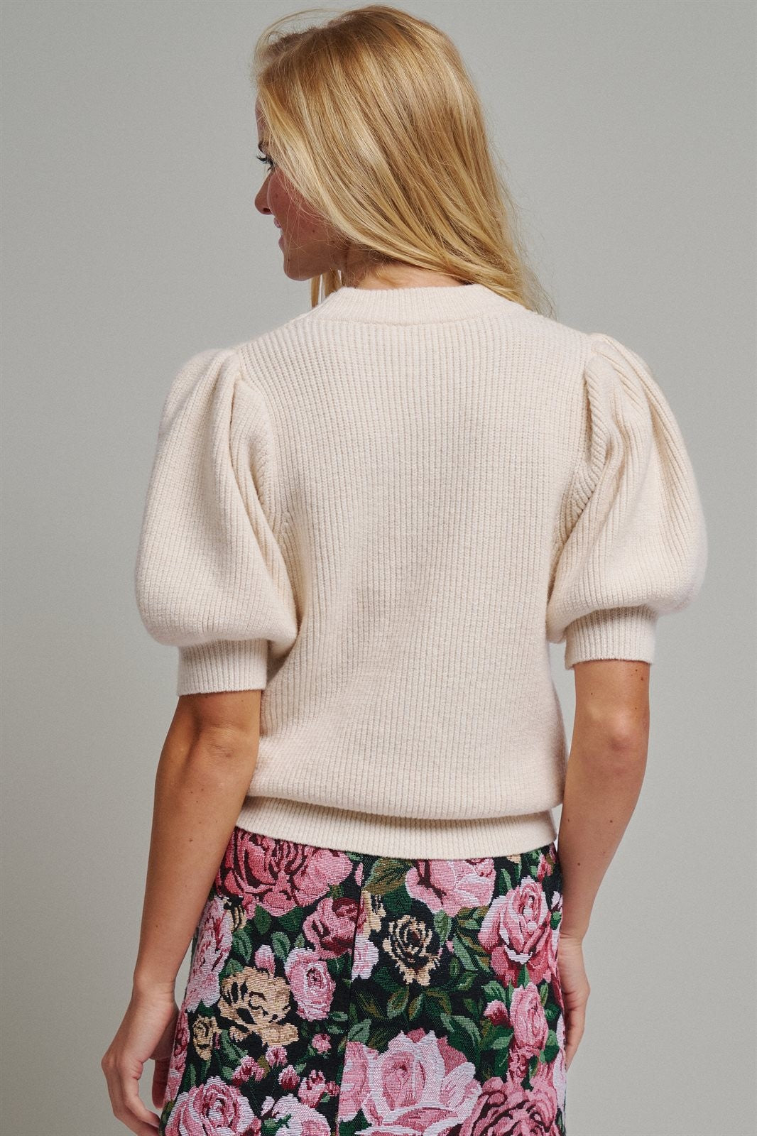 Ribbed Knit Sweater with Bow & Puff Sleeves in Ivory - Women's Sweaters | Urban Daizy