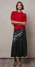 Ribbed Knit Sweater with Bow & Puff Sleeves in Red - Women's Sweaters | Urban Daizy