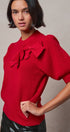 Ribbed Knit Sweater with Bow & Puff Sleeves in Red - Women's Sweaters | Urban Daizy