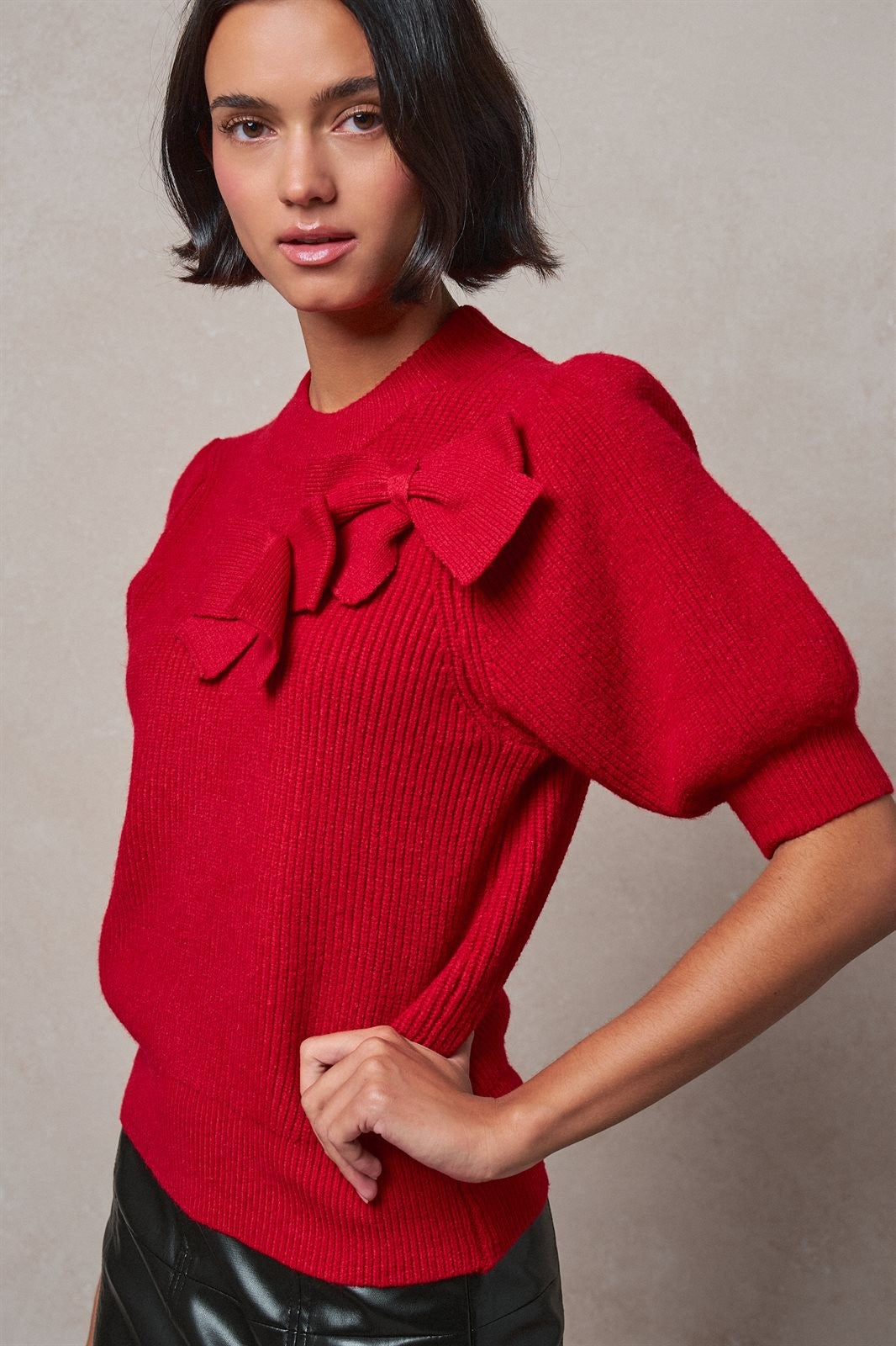 Ribbed Knit Sweater with Bow & Puff Sleeves in Red - Women's Sweaters | Urban Daizy