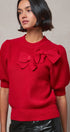 Ribbed Knit Sweater with Bow & Puff Sleeves in Red - Women's Sweaters | Urban Daizy