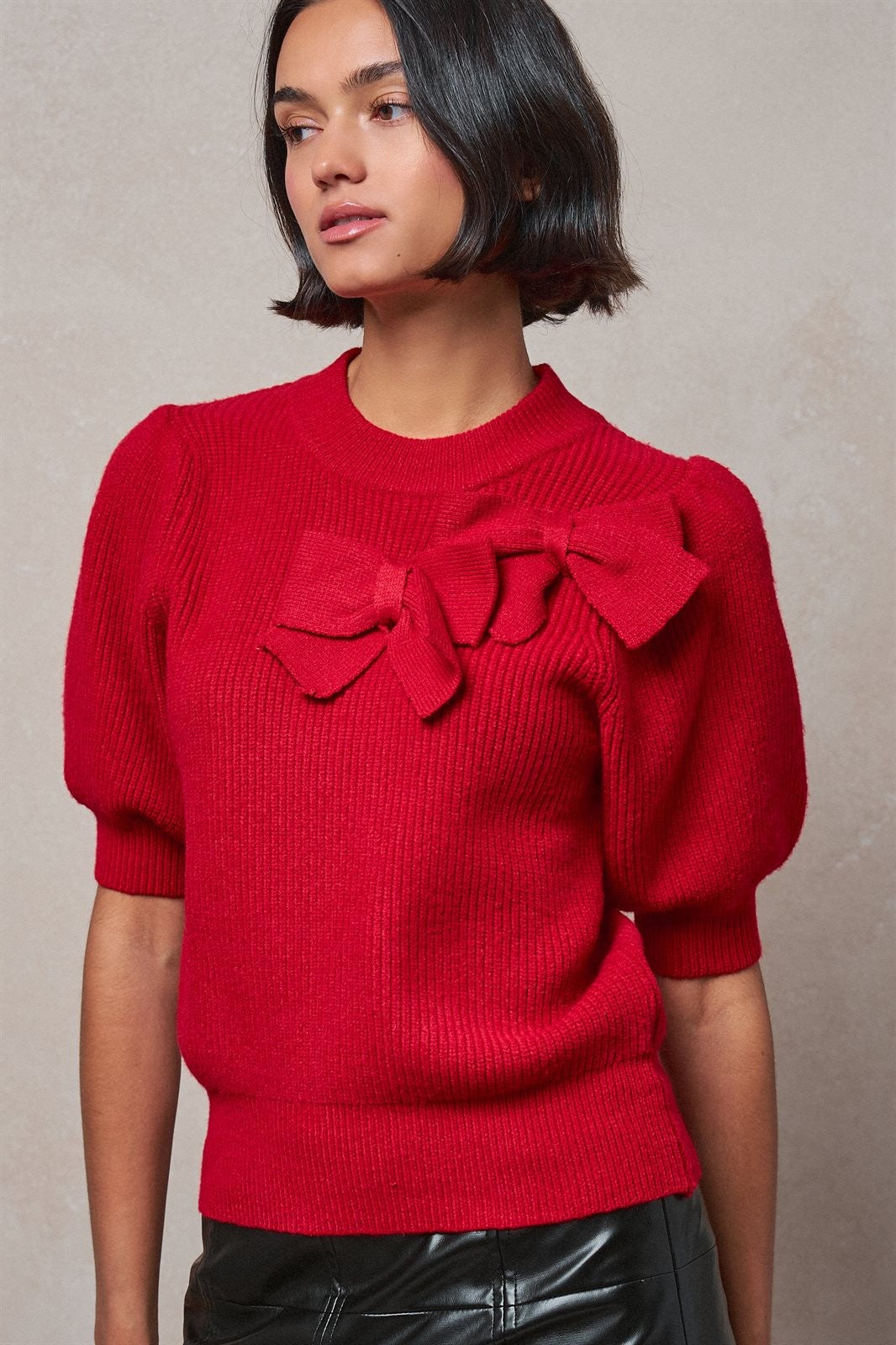 Ribbed Knit Sweater with Bow & Puff Sleeves in Red - Women's Sweaters | Urban Daizy