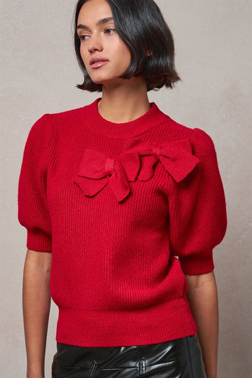 Bow Detail Puff Sleeve Mock Neck Sweater