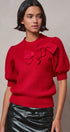 Ribbed Knit Sweater with Bow & Puff Sleeves in Red - Women's Sweaters | Urban Daizy