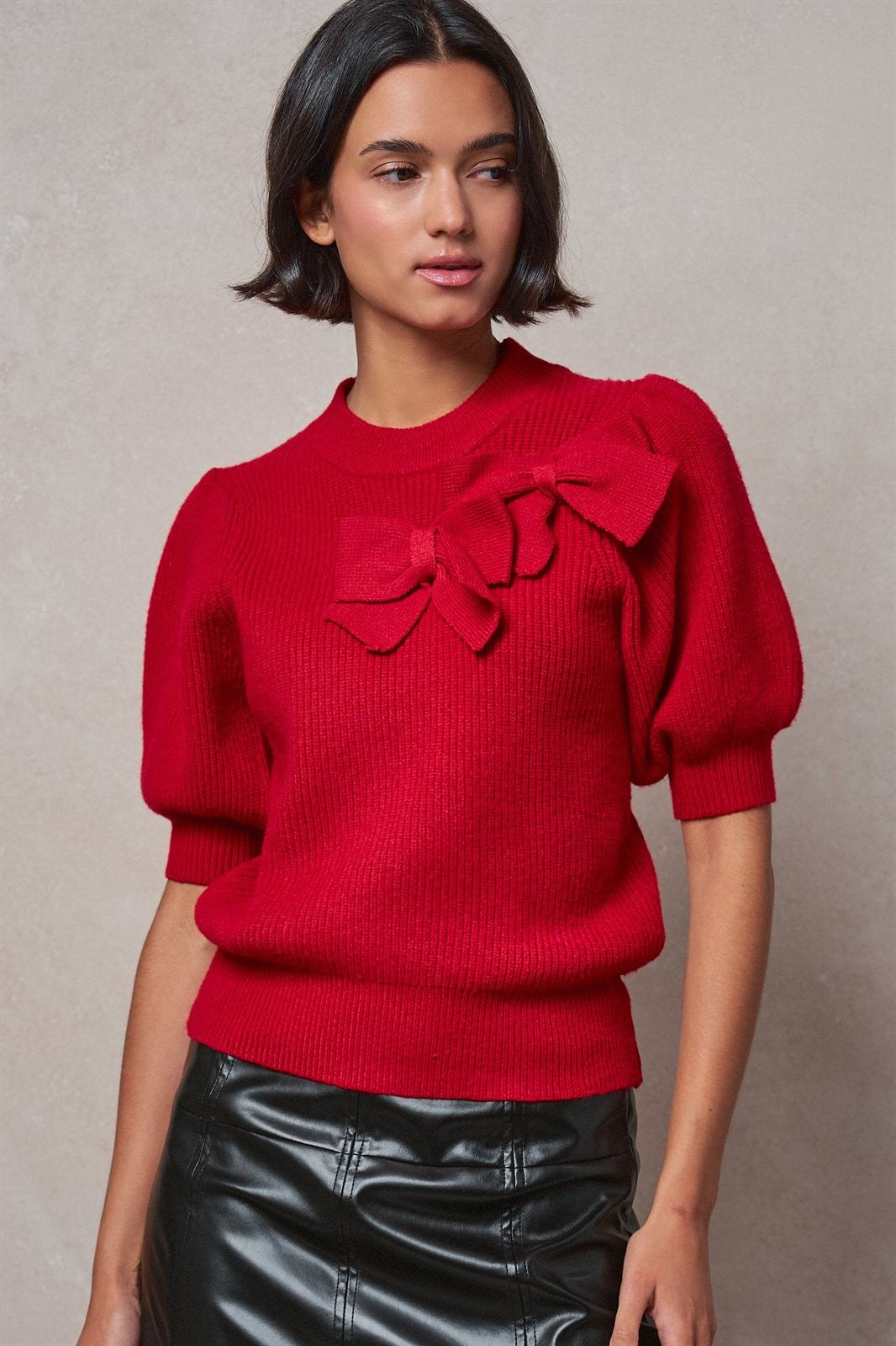 Ribbed Knit Sweater with Bow & Puff Sleeves in Red - Women's Sweaters | Urban Daizy