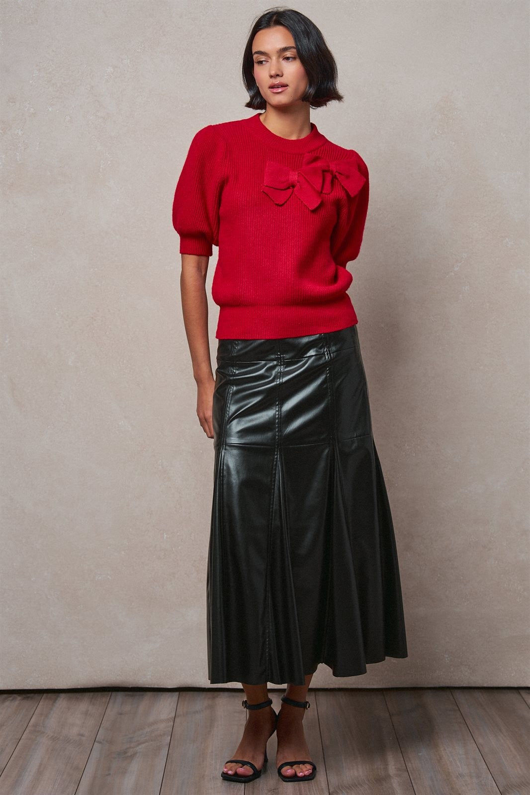 Ribbed Knit Sweater with Bow & Puff Sleeves in Red - Women's Sweaters | Urban Daizy