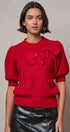 Ribbed Knit Sweater with Bow & Puff Sleeves in Red - Women's Sweaters | Urban Daizy
