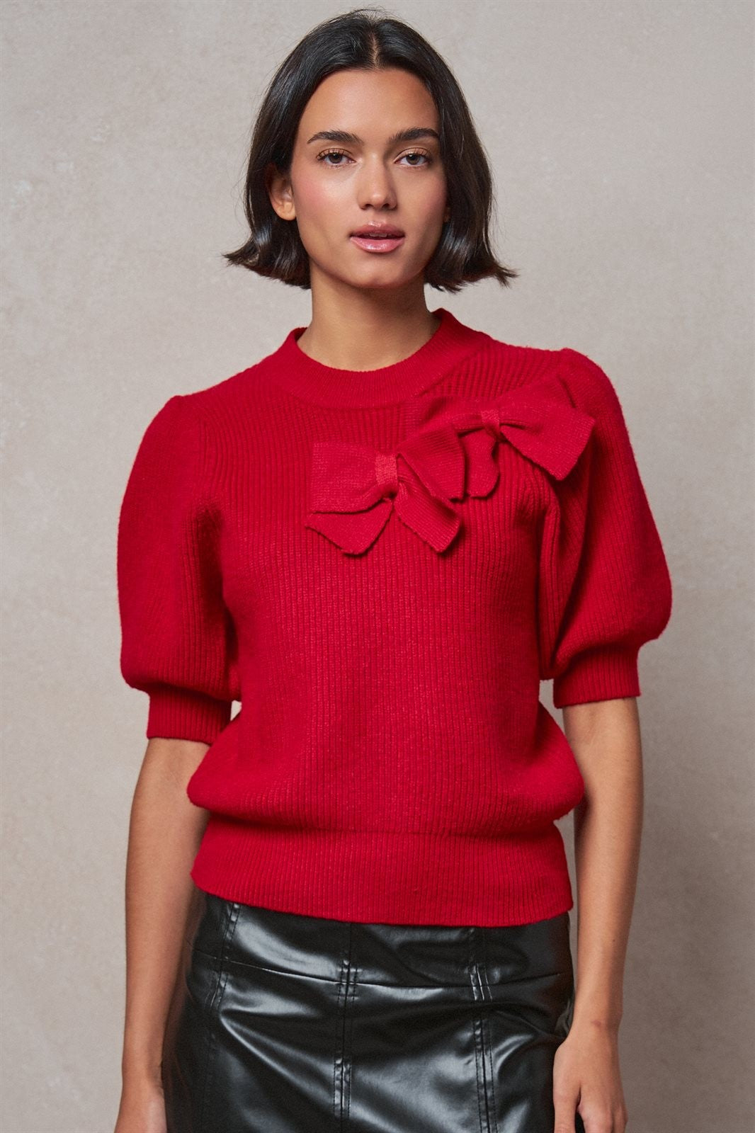 Ribbed Knit Sweater with Bow & Puff Sleeves in Red - Women's Sweaters | Urban Daizy