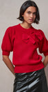 Ribbed Knit Sweater with Bow & Puff Sleeves in Red - Women's Sweaters | Urban Daizy