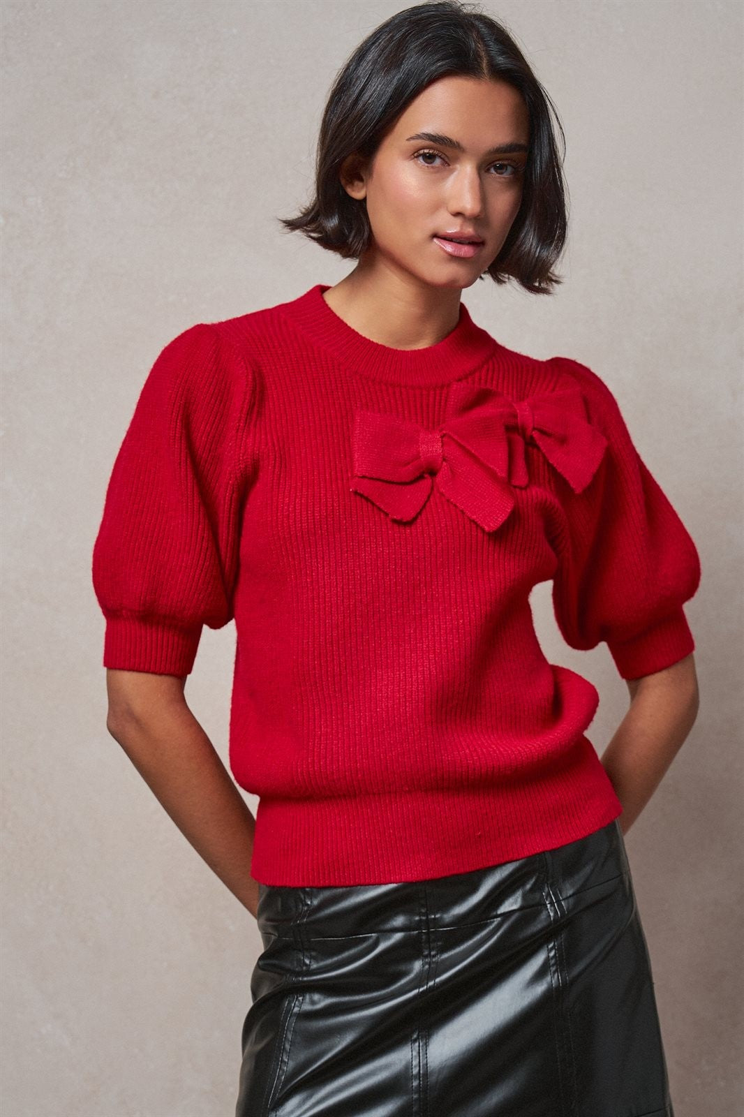 Ribbed Knit Sweater with Bow & Puff Sleeves in Red - Women's Sweaters | Urban Daizy