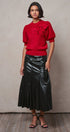 Ribbed Knit Sweater with Bow & Puff Sleeves in Red - Women's Sweaters | Urban Daizy