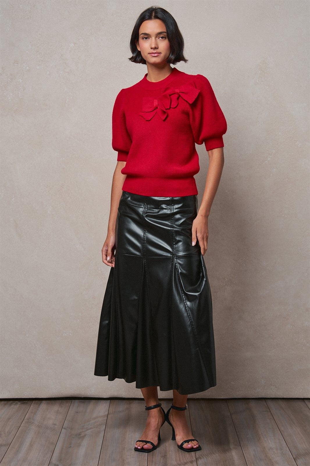 Ribbed Knit Sweater with Bow & Puff Sleeves in Red - Women's Sweaters | Urban Daizy