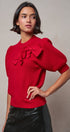 Ribbed Knit Sweater with Bow & Puff Sleeves in Red - Women's Sweaters | Urban Daizy