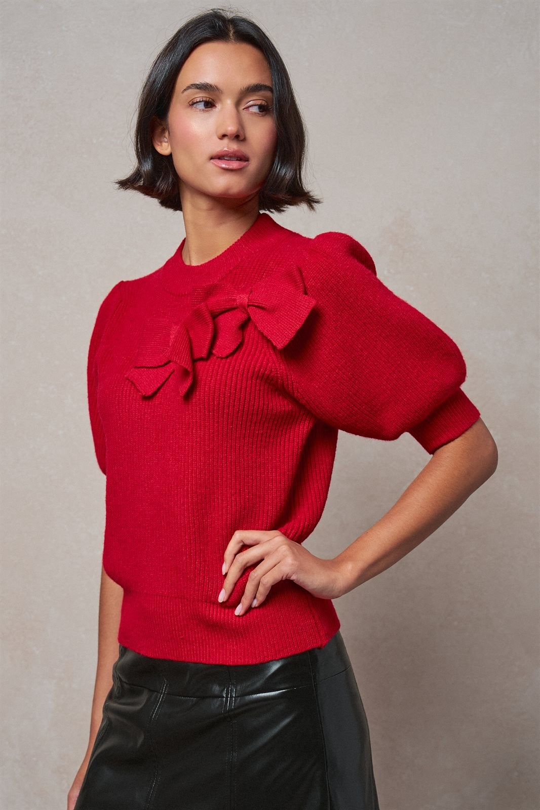 Ribbed Knit Sweater with Bow & Puff Sleeves in Red - Women's Sweaters | Urban Daizy