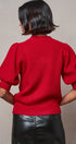 Ribbed Knit Sweater with Bow & Puff Sleeves in Red - Women's Sweaters | Urban Daizy