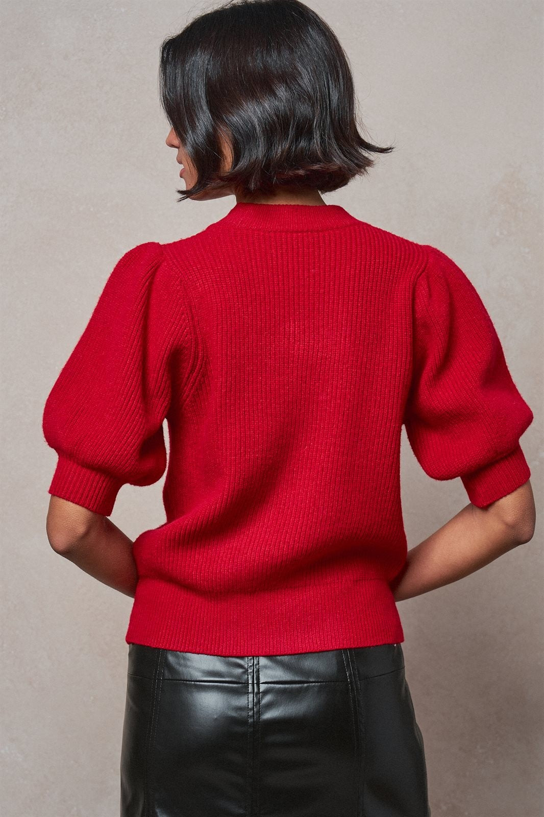 Ribbed Knit Sweater with Bow & Puff Sleeves in Red - Women's Sweaters | Urban Daizy