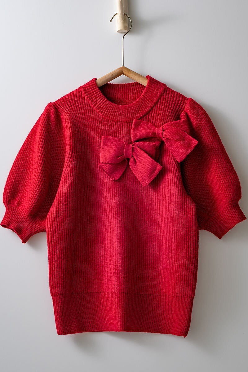 Ribbed Knit Sweater with Bow & Puff Sleeves in Red - Women's Sweaters | Urban Daizy