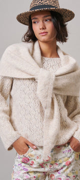 Pointelle Knit Sweater and Shawl Set in Natural - Women's Sweaters | Urban Daizy