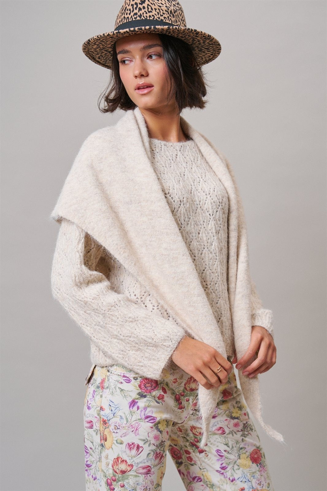 Pointelle Knit Sweater and Shawl Set in Natural - Women's Sweaters | Urban Daizy