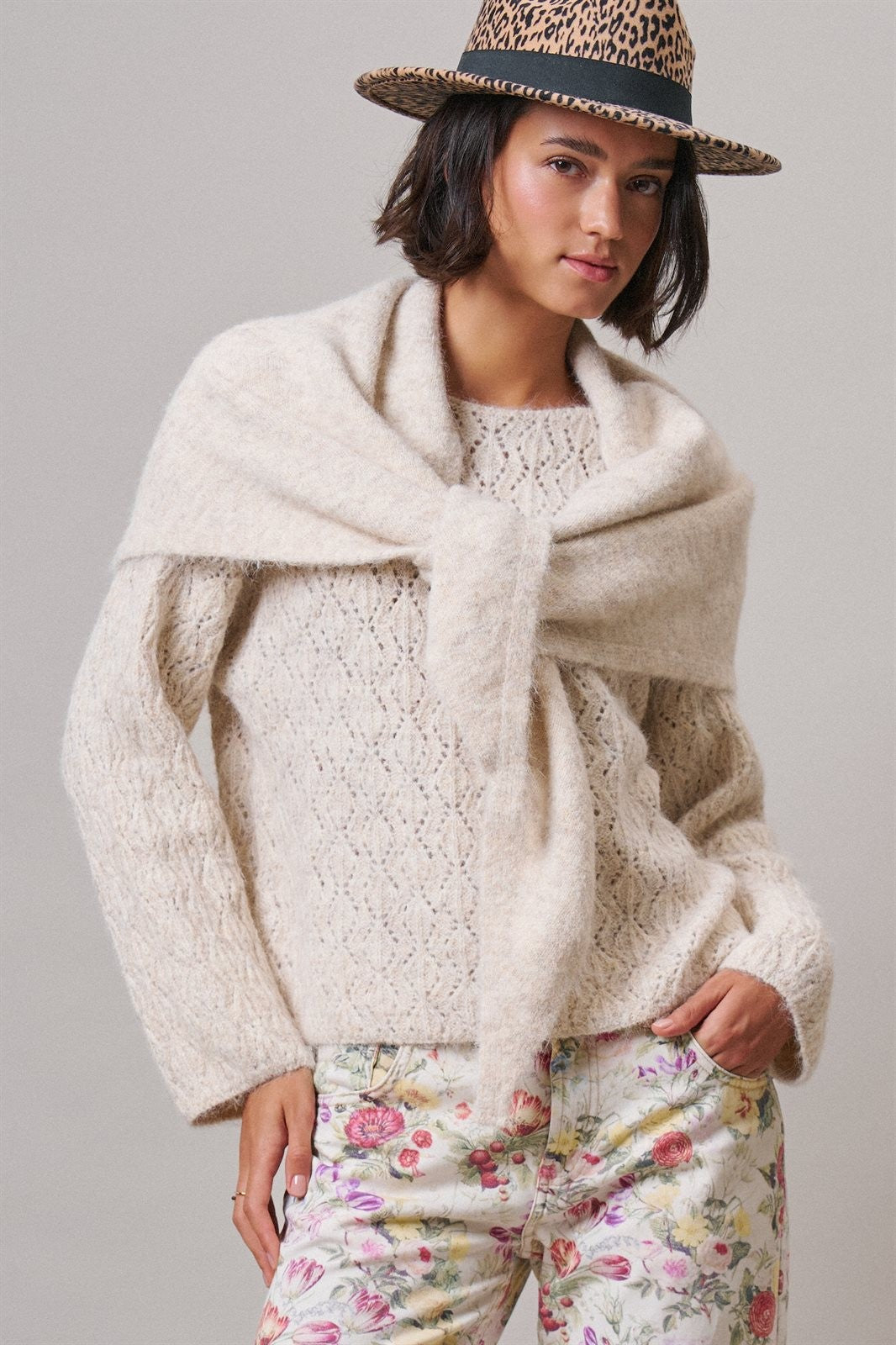 Pointelle Knit Sweater and Shawl Set in Natural - Women's Sweaters | Urban Daizy