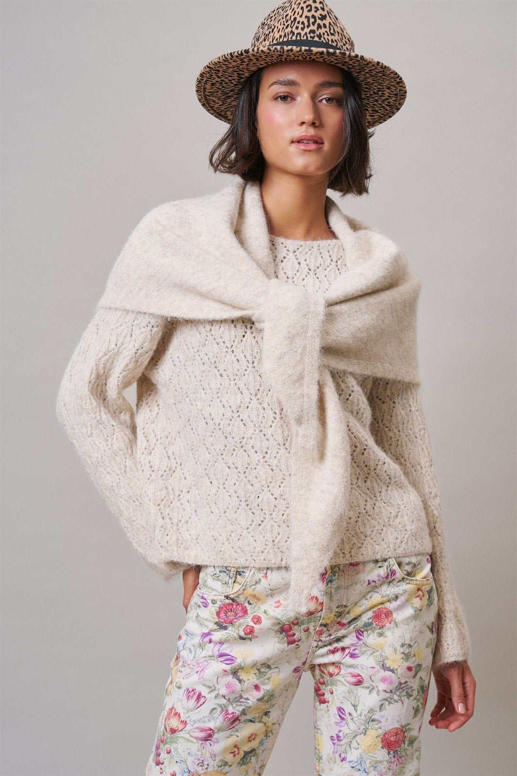Pointelle Knit Sweater and Shawl Set in Natural - Women's Sweaters | Urban Daizy