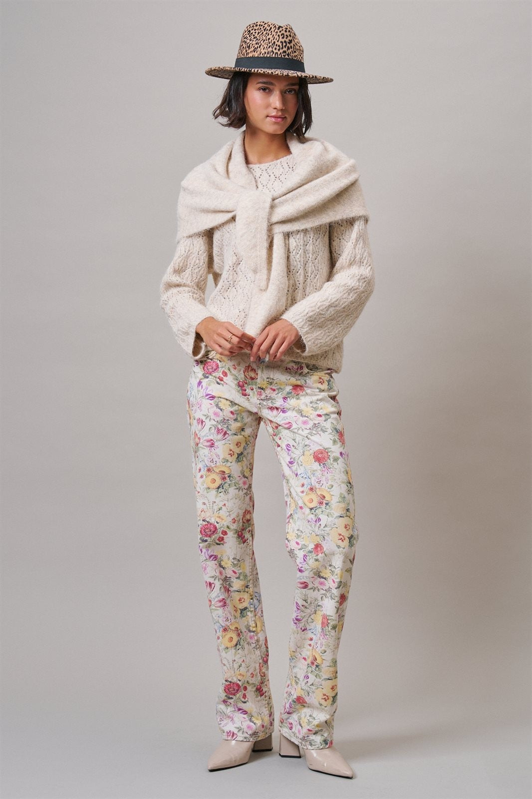 Pointelle Knit Sweater and Shawl Set in Natural - Women's Sweaters | Urban Daizy