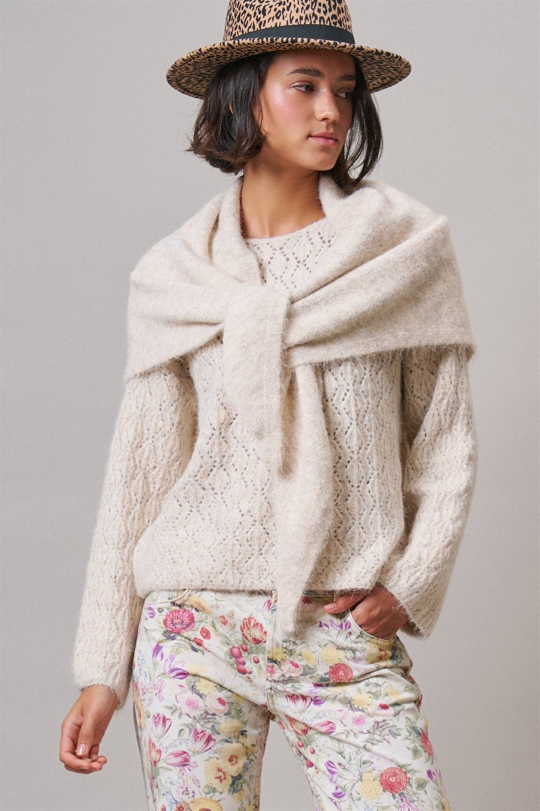 Pointelle Knit Sweater and Shawl Set in Natural - Women's Sweaters | Urban Daizy