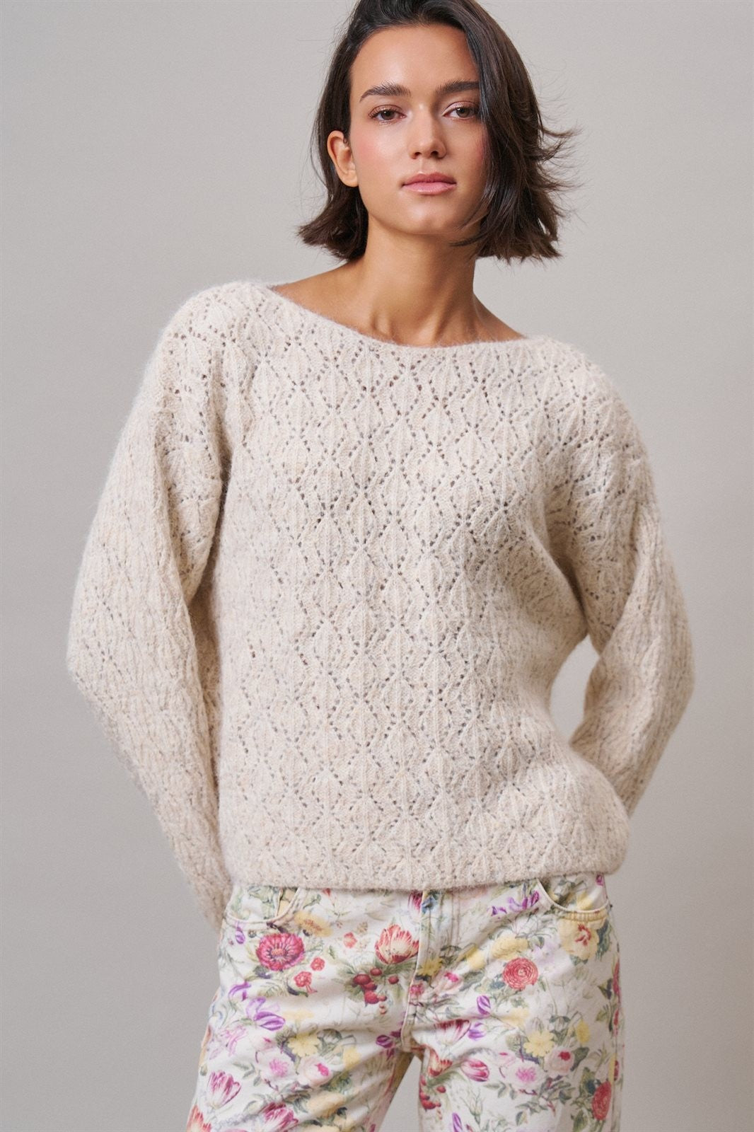 Pointelle Knit Sweater and Shawl Set in Natural - Women's Sweaters | Urban Daizy