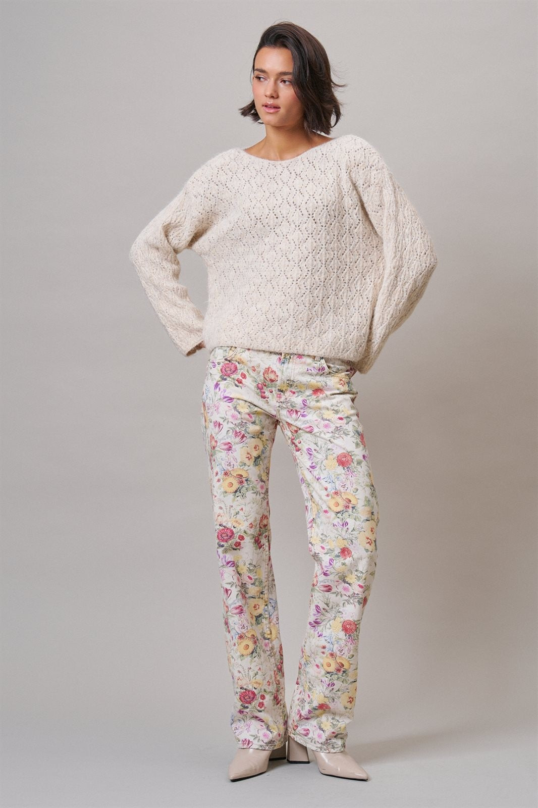 Pointelle Knit Sweater and Shawl Set in Natural - Women's Sweaters | Urban Daizy