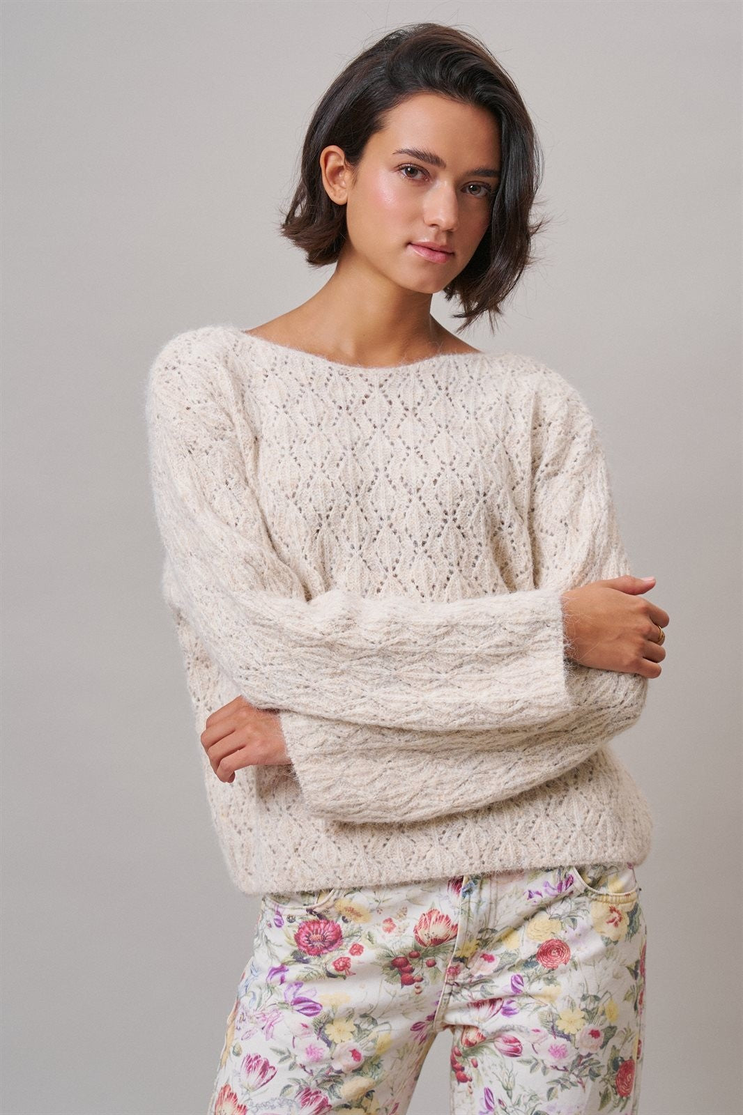 Pointelle Knit Sweater and Shawl Set in Natural - Women's Sweaters | Urban Daizy