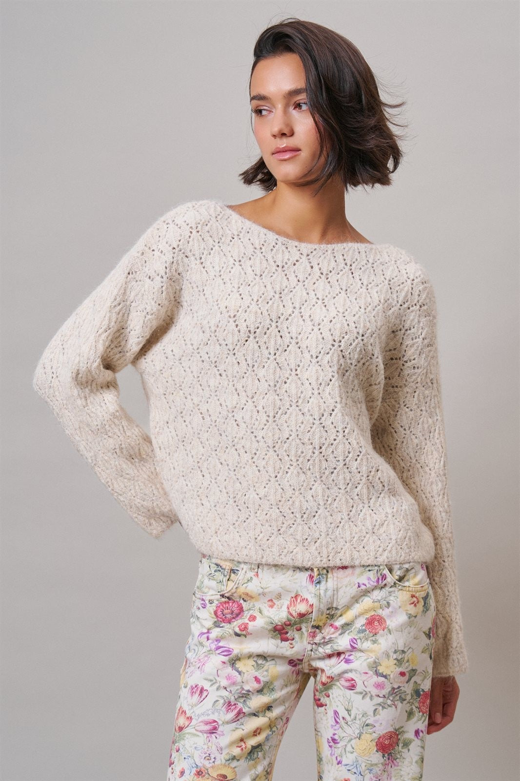 Pointelle Knit Sweater and Shawl Set in Natural - Women's Sweaters | Urban Daizy