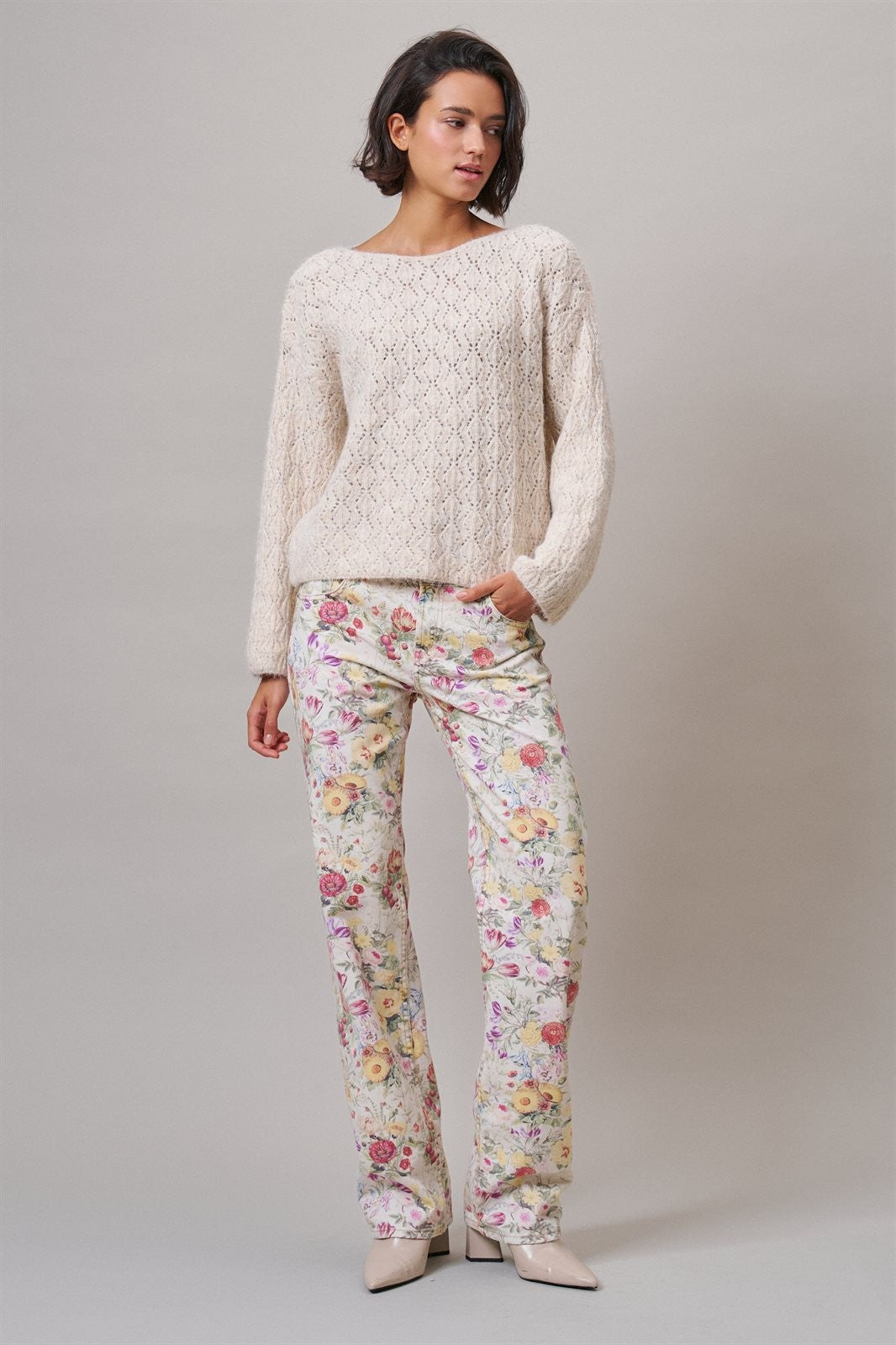 Pointelle Knit Sweater and Shawl Set in Natural - Women's Sweaters | Urban Daizy