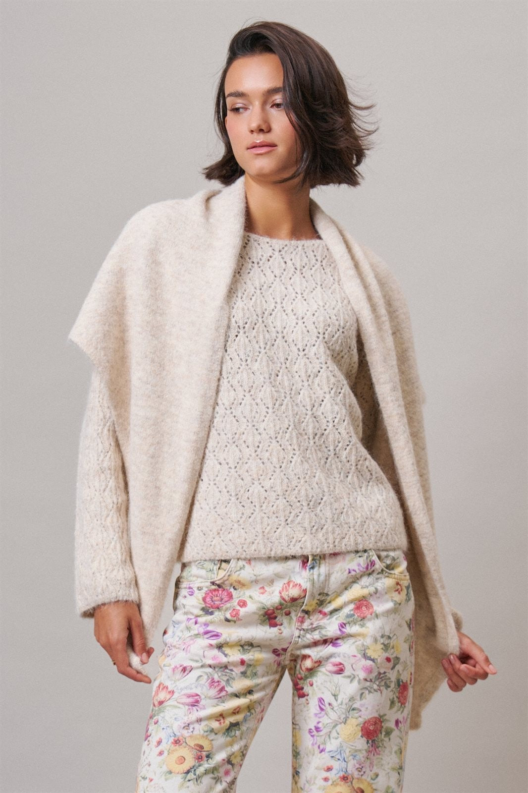 Pointelle Knit Sweater and Shawl Set in Natural - Women's Sweaters | Urban Daizy